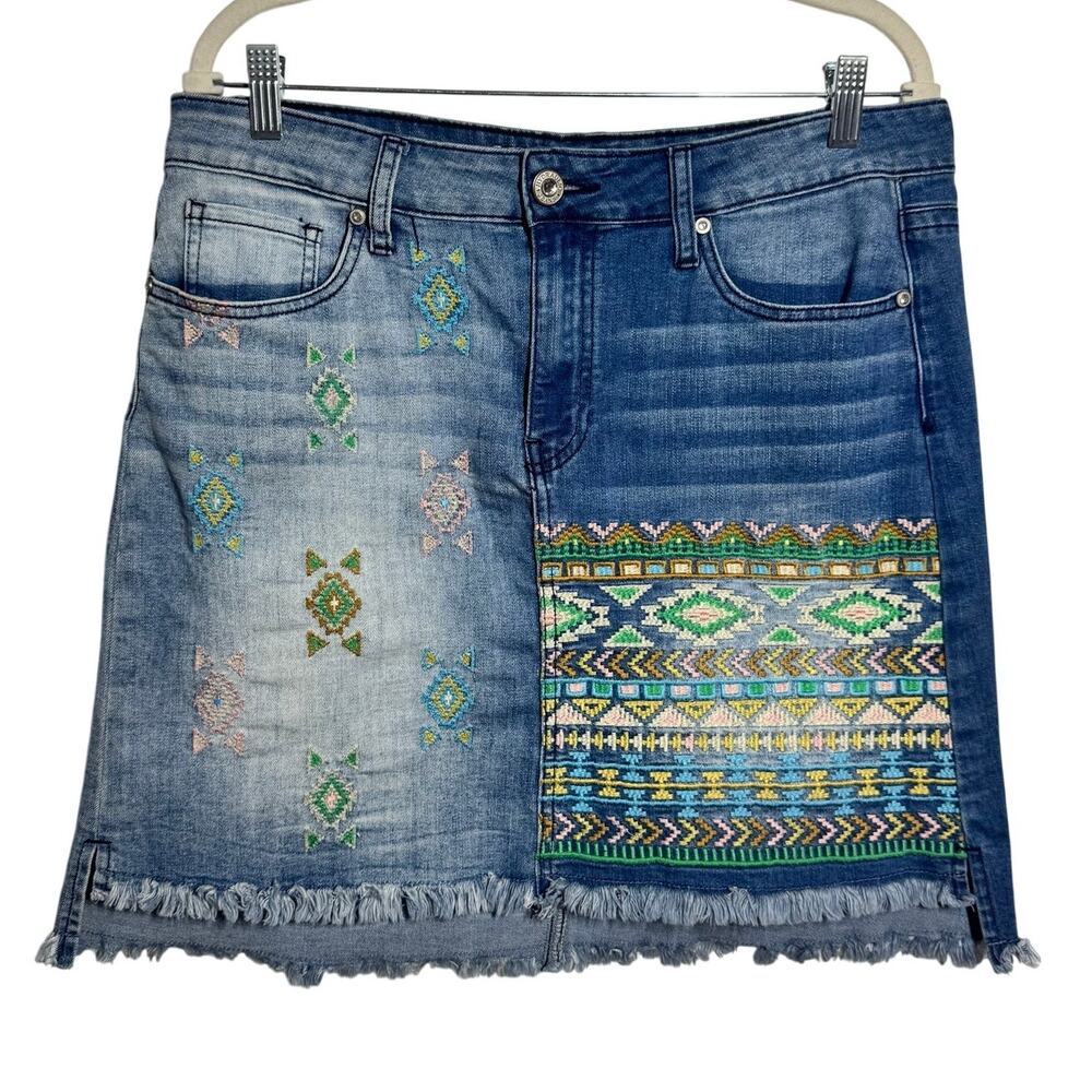 Hydraulic Soho High Rise Patchwork Denim Skirt Boho Aztec Western Festival 12
